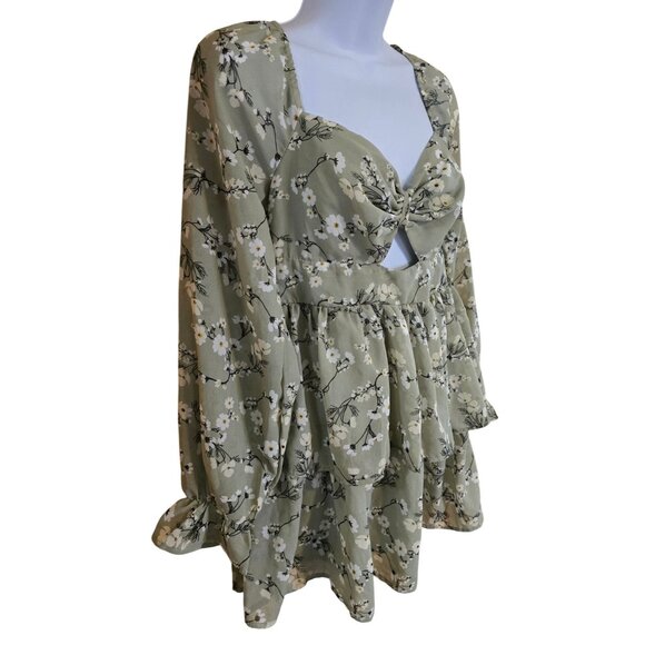 Green Floral Long Sleeve Boho Dress Cute Tiered peasant cottagecore flower power - Picture 4 of 9